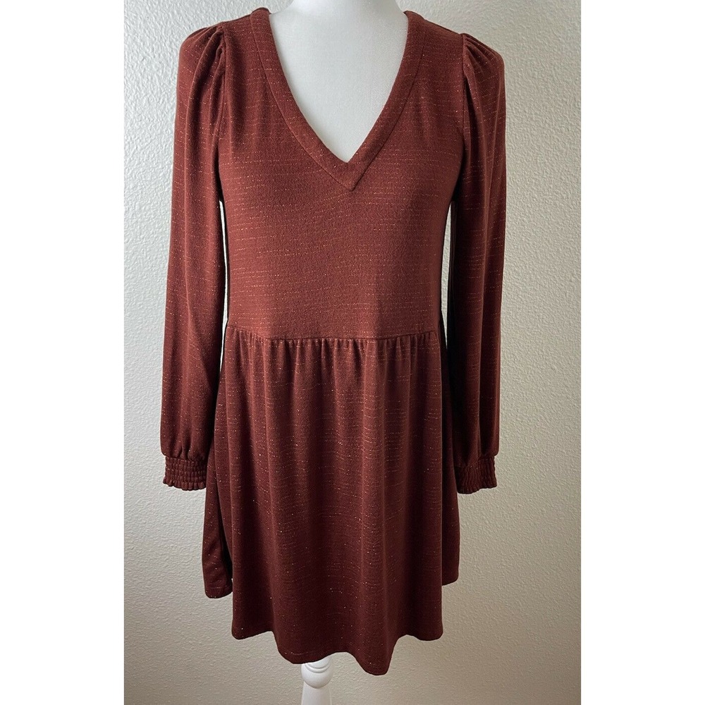 Ann Taylor Loft Burnt Orange Metallic Long Sleeve‎ V Neck Sweater Dress Sz XXS